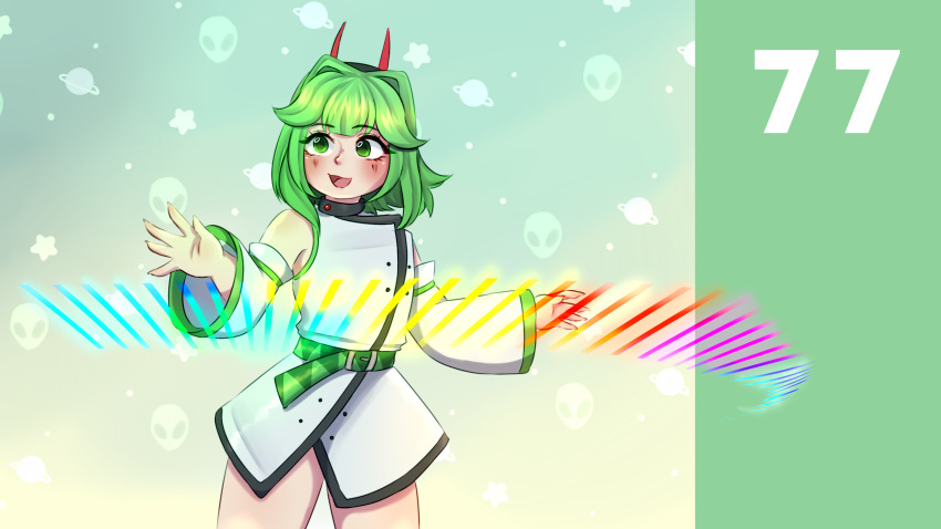 1other 39chan :3 alien androgynous antennae bare_shoulders belt blush commission detached_sleeves gradient_background green_belt green_eyes green_hair hair_intakes highres long_sleeves lyraamst melt_(vocaloid) open_mouth other_focus planet shirt short_hair solo star_(symbol) tagme thighs tsukuyomi_sena utau white_shirt wide_sleeves