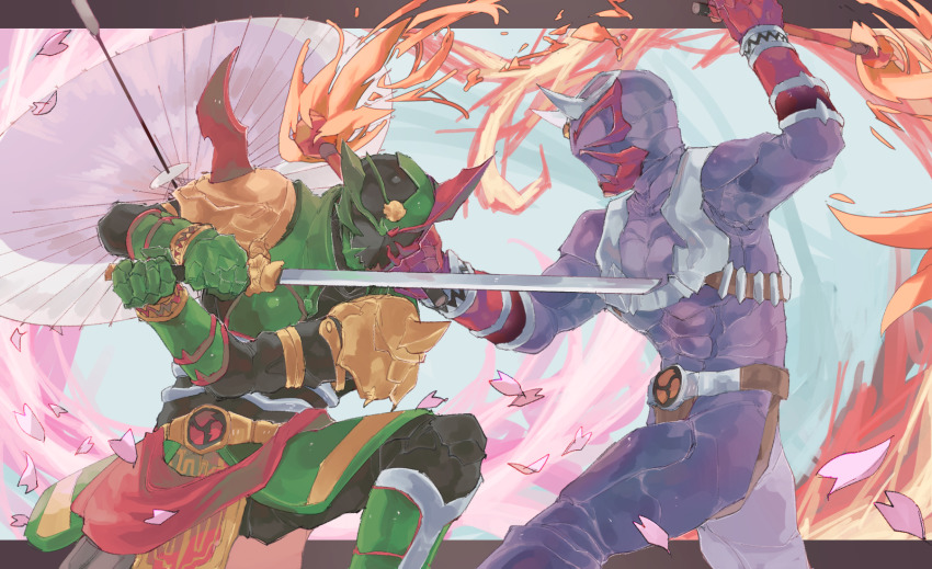 2boys arm_up armor battle belt blue_background bodysuit boots breastplate cherry_blossoms chikichi day fire from_side gloves green_footwear green_gloves hand_up hands_up helmet highres hitting holding holding_sword holding_weapon horns kamen_rider kamen_rider_hibiki kamen_rider_hibiki_(series) kamen_rider_kabuki katana knee_boots letterboxed male_focus multiple_boys oil-paper_umbrella outdoors outside_border petals purple_bodysuit purple_headwear red_gloves shoulder_armor shoulder_spikes spikes standing sword two-handed weapon