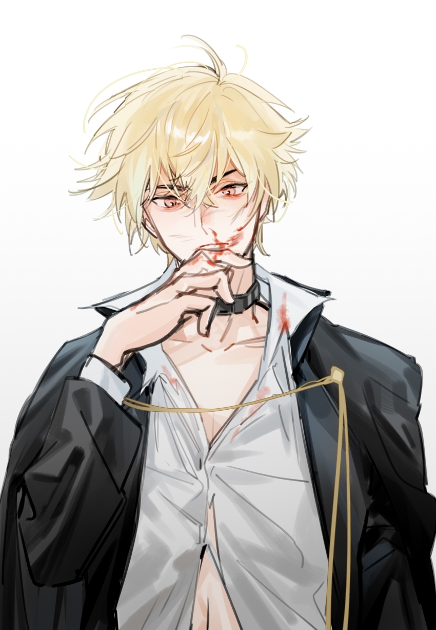 &gt;:( 1boy absurdres azha8 belt_collar black_cape black_collar black_jacket blonde_hair blood blood_on_clothes blood_on_face blood_on_hands cape closed_mouth collar collarbone fuli_chicken_(the_tale_of_food) hair_between_eyes hand_up head_tilt highres jacket long_sleeves looking_at_viewer male_focus navel nosebleed open_clothes open_collar open_jacket orange_eyes partially_unbuttoned popped_collar shirt short_hair solo straight-on the_tale_of_food upper_body v-shaped_eyebrows white_background white_shirt wiping_blood wiping_nose