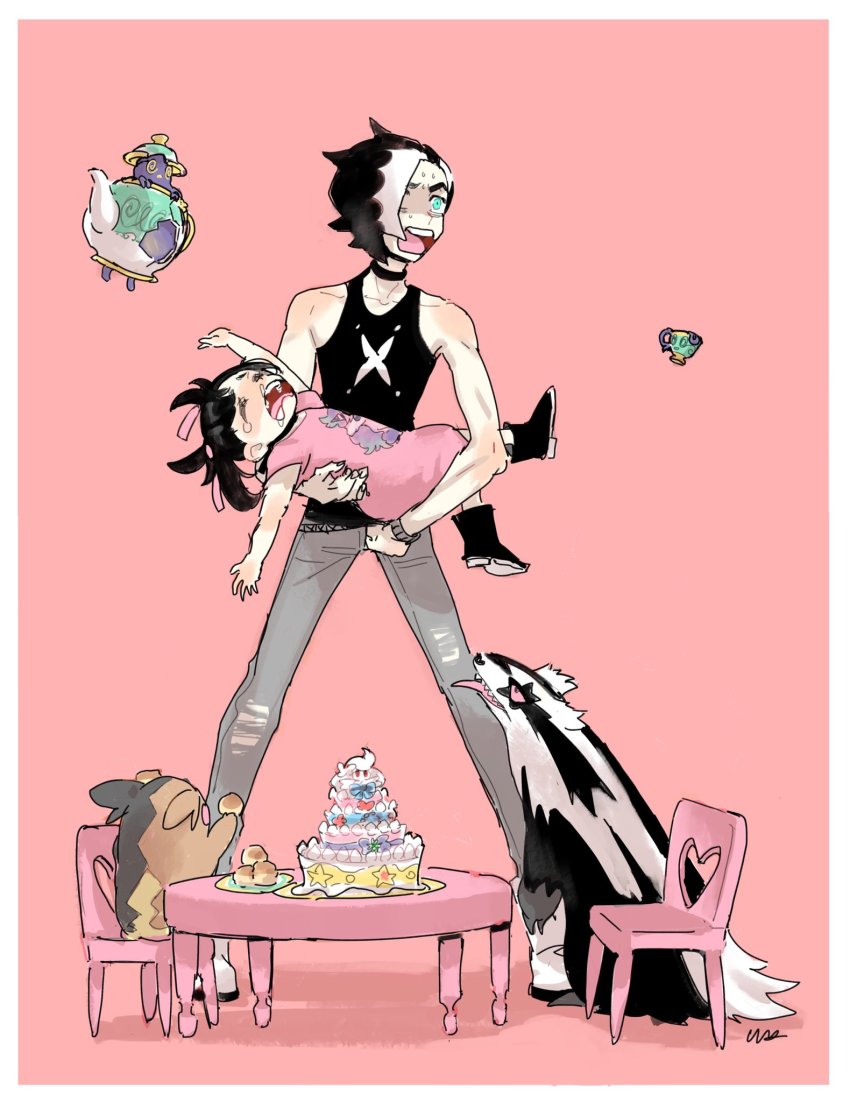 1boy 1girl aged_down alcremie black_footwear black_hair black_shirt boots border brother_and_sister cake carrying chair collarbone commentary_request dress dynamax food galarian_form galarian_linoone galarian_ponyta gen_8_pokemon gigantamax gigantamax_alcremie green_eyes hair_ribbon highres legs_apart marnie_(pokemon) morpeko morpeko_(full) multicolored_hair nintendo open_mouth outstretched_arms pants piers_(pokemon) pink_dress pink_ribbon plate pokemon pokemon_(creature) pokemon_swsh polteageist ribbon shirt siblings sinistea sleeveless sleeveless_shirt standing table tearing_up teeth tongue two-tone_hair usakomu_(komugiko) white_border