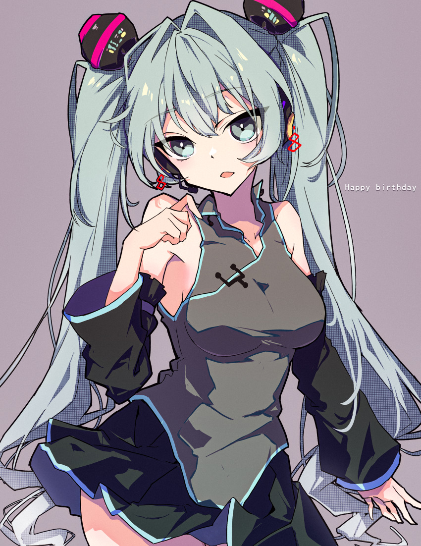 1girl absurdres animal_ears aqua_eyes aqua_hair black_skirt breasts chinese_commentary commentary_request cowboy_shot detached_sleeves grey_background grey_shirt happy_birthday hatsune_miku highres long_hair long_sleeves looking_at_viewer medium_breasts microphone open_mouth shirt simple_background skirt sleeveless sleeveless_shirt solo twintails vocaloid zhong_xiansheng