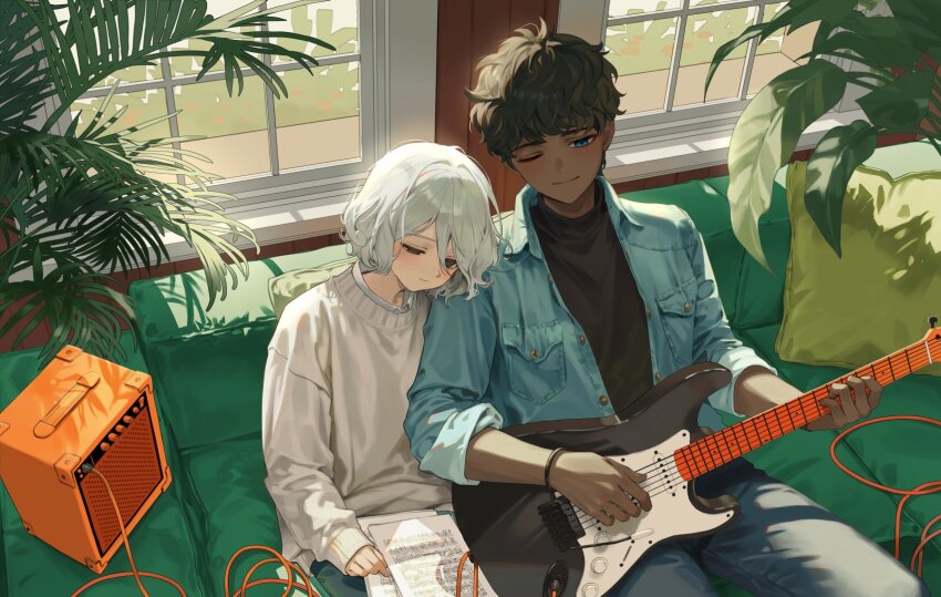 2boys amplifier bags_under_eyes black_eyes black_hair blue_eyes blush couch curly_hair cushion dark-skinned_male dark_skin dungeon_meshi electric_guitar elf grey_hair guitar head_on_another&#039;s_shoulder highres holding holding_guitar holding_instrument indoors instrument jacket kabru lazy_eye long_sleeves male_focus mayomayoland mithrun multiple_boys on_couch one_eye_closed plant playing_guitar pointy_ears sheet_music shirt short_hair sitting smile sweater uneven_eyes window yaoi