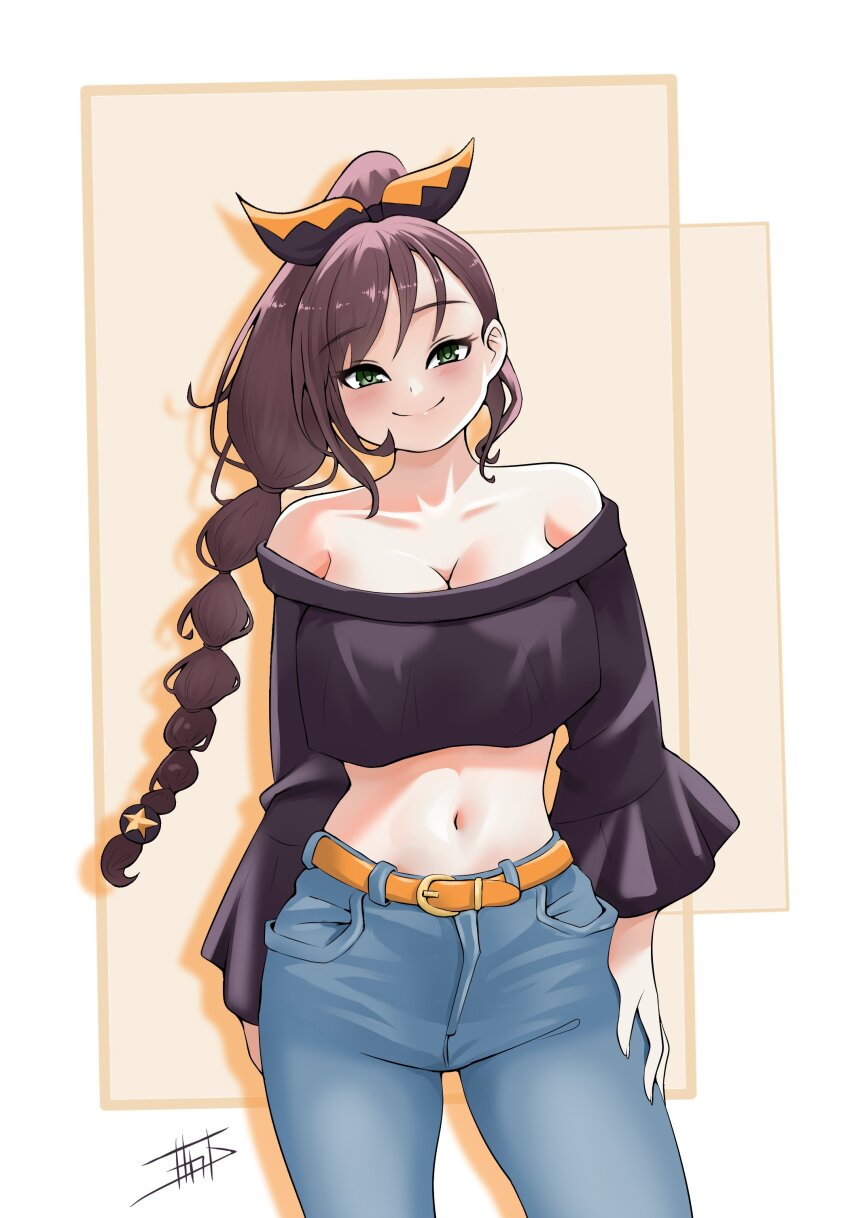 1girl absurdres alternate_costume bare_shoulders belt black_ribbon black_shirt blue_pants blush breasts brown_hair cleavage collarbone cowboy_shot crop_top cropped_shirt denim green_eyes hair_ornament hair_ribbon highres jeans large_breasts long_hair long_sleeves looking_at_viewer miarin141 midriff multi-tied_hair navel off-shoulder_shirt off_shoulder orange_belt pants ponytail re:zero_kara_hajimeru_isekai_seikatsu ribbon shaula_(re:zero) shirt signature smile solo standing star_(symbol) star_hair_ornament stomach yellow_belt