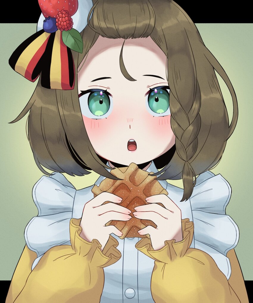 1girl ahoge apron bangs_pinned_back belgian_flag belgian_flag_print belgium_(kuroussa) blush braided_sidelock brown_hair dress food fruit green_eyes hair_ornament highres holding holding_food kuroussa looking_at_viewer medium_hair original personification solo strawberry upper_body waffle white_apron yellow_dress