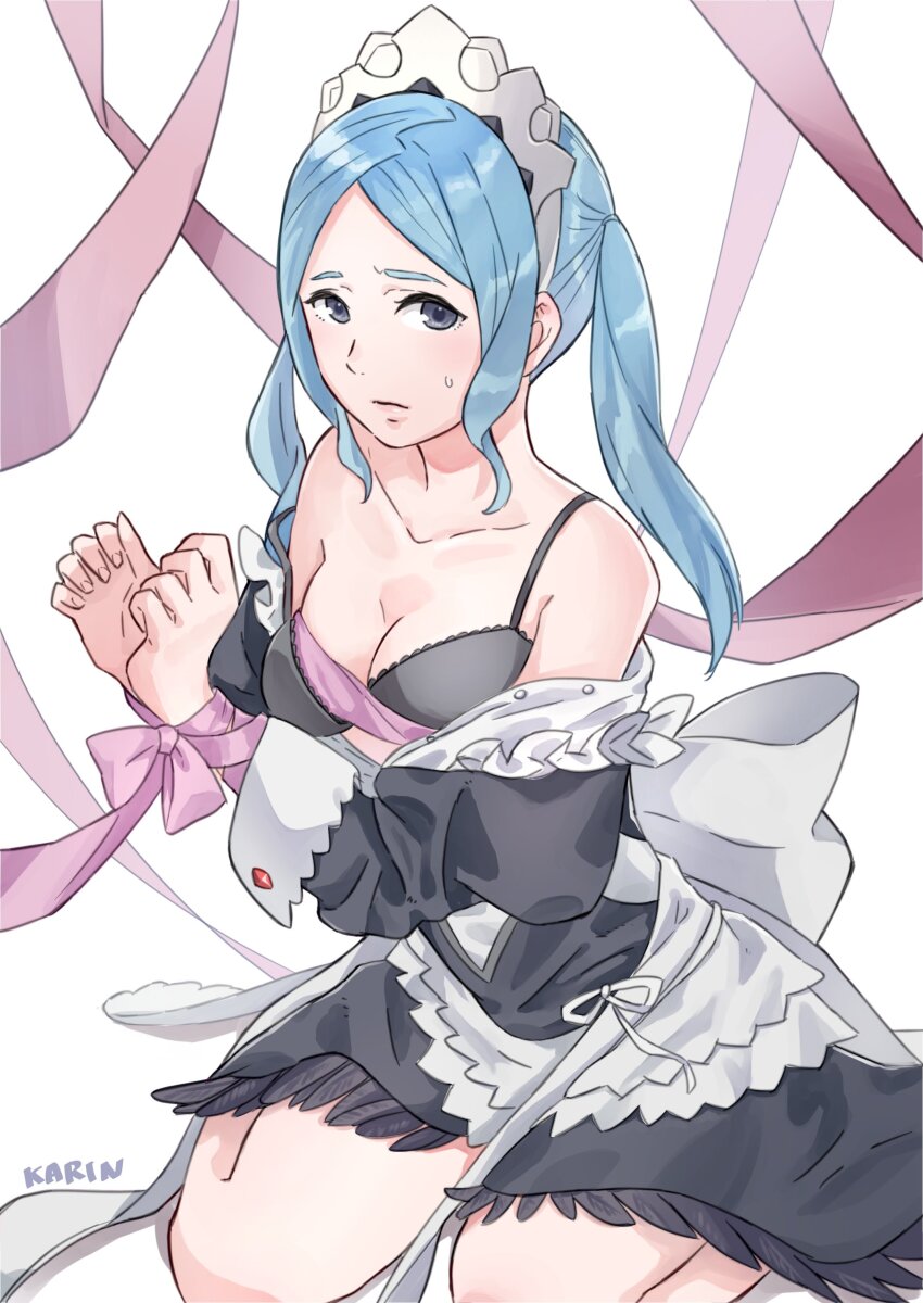 1girl absurdres apron artist_name bare_shoulders black_bra blue_hair bound bound_wrists bow bra breasts cleavage dress fire_emblem fire_emblem_fates flora_(fire_emblem) frilled_apron frilled_dress frilled_skirt frilled_sleeves frills grey_eyes highres karrincorrin long_sleeves looking_at_viewer maid maid_apron maid_headdress medium_breasts nintendo parted_bangs pink_ribbon restrained ribbon skirt solo sweatdrop twintails underwear white_background