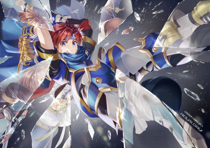 absurdres ahoge armor blue_eyes broken_glass broken_mirror cape dated different_reflection english_text fire_emblem fire_emblem:_the_binding_blade fire_emblem_heroes glass glass_shards headband highres holding holding_sword holding_weapon looking_at_viewer mirror nintendo parted_bangs red_hair reflection roy_(fire_emblem) shards shattered short_hair sword weapon yuki_(sumaburalove)