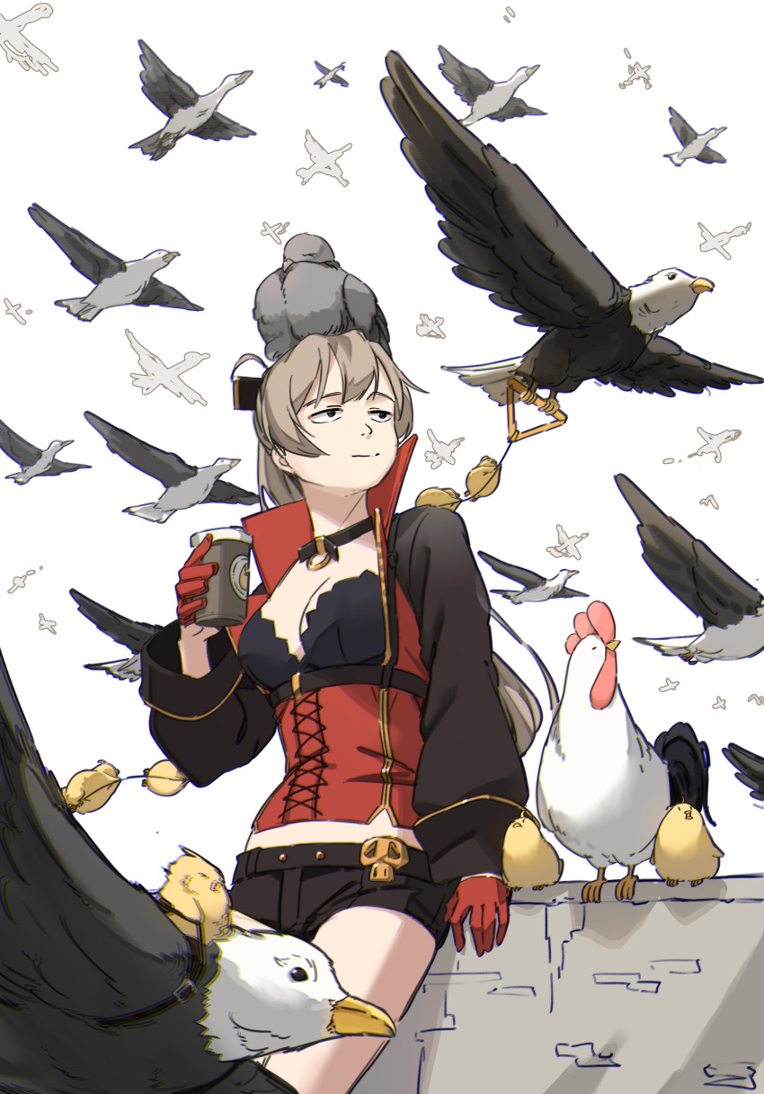 1girl animal animal_on_head animal_on_shoulder arm_support azur_lane belt bird bird_on_head black_choker black_shorts breasts brown_hair brown_shorts choker cleavage closed_mouth corset cross-laced_clothes cup gloves half_gloves hatski.sin high_ponytail highres holding holding_cup jacket jean_bart_(azur_lane) long_hair long_sleeves looking_to_the_side manjuu_(azur_lane) medium_breasts midriff o-ring o-ring_choker on_head ponytail red_gloves short_shorts shorts simple_background sleeve_cuffs solo white_background