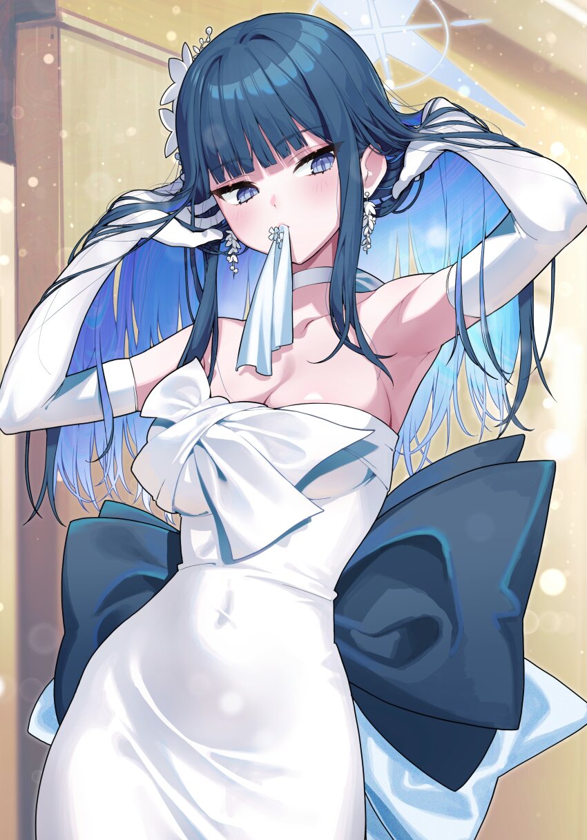 1girl absurdres armpits arms_up black_bow black_hair blue_archive blue_hair blue_halo blurry blush bokeh bow breasts choker cleavage colored_inner_hair commentary_request covered_navel depth_of_field dress earrings elbow_gloves gloves hair_ornament halo highres indoors jewelry kabu_(niniko2ko) large_breasts long_hair mouth_hold multicolored_hair official_alternate_costume saori_(blue_archive) saori_(dress)_(blue_archive) solo strapless strapless_dress two-tone_hair waist_bow white_choker white_dress white_gloves