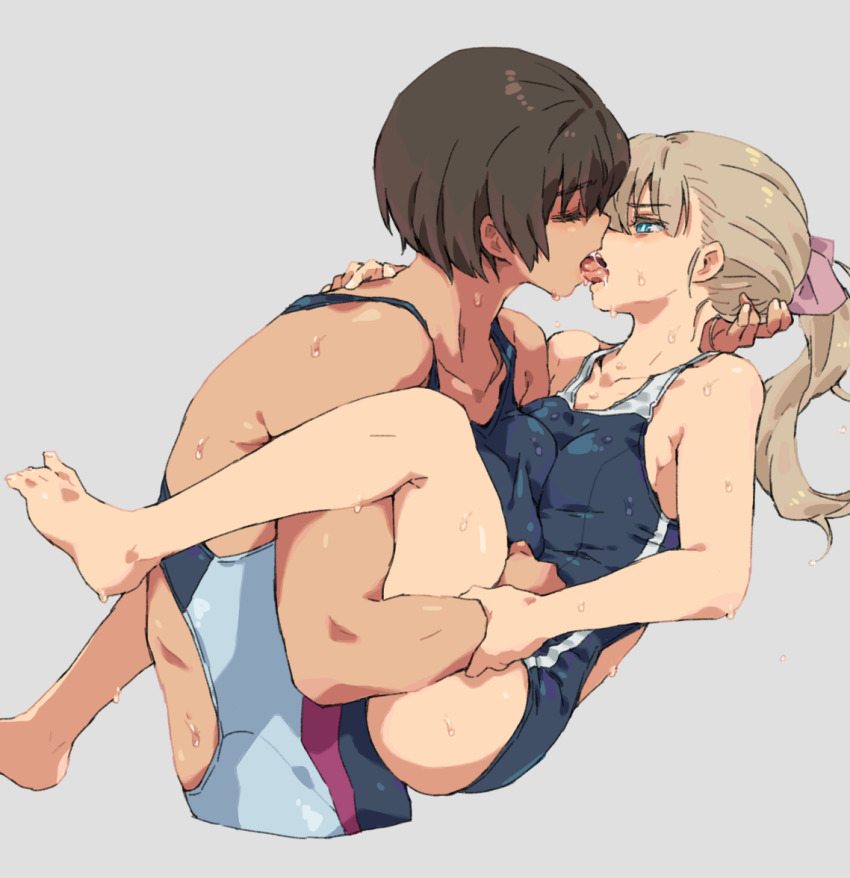 2girls blue_eyes brown_hair closed_eyes heart heart-shaped_pupils height_difference kei_(m_k) kiss m_k multiple_girls original rika_(m_k) saliva school_uniform short_hair sitting sitting_on_lap sitting_on_person symbol-shaped_pupils tall_female tomboy yuri