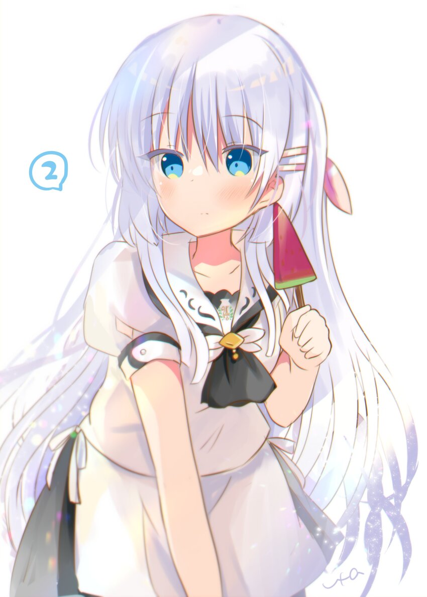 1girl =_hair_ornament absurdres ascot blue_ascot blue_eyes blunt_ends blush closed_mouth commentary_request cowboy_shot eyes_visible_through_hair food hair_between_eyes hair_ornament hair_ribbon hairclip hand_up highres holding holding_food holding_popsicle leaning_forward light_particles long_hair looking_at_viewer naruse_shiroha pink_ribbon popsicle puffy_short_sleeves puffy_sleeves ribbon sailor_collar school_uniform serafuku shirt short_sleeves sidelocks signature simple_background skirt solo split_mouth summer_pockets summer_pockets_school_uniform ura_(ura-tennislove) very_long_hair watermelon_bar white_background white_hair white_sailor_collar white_serafuku white_shirt white_skirt