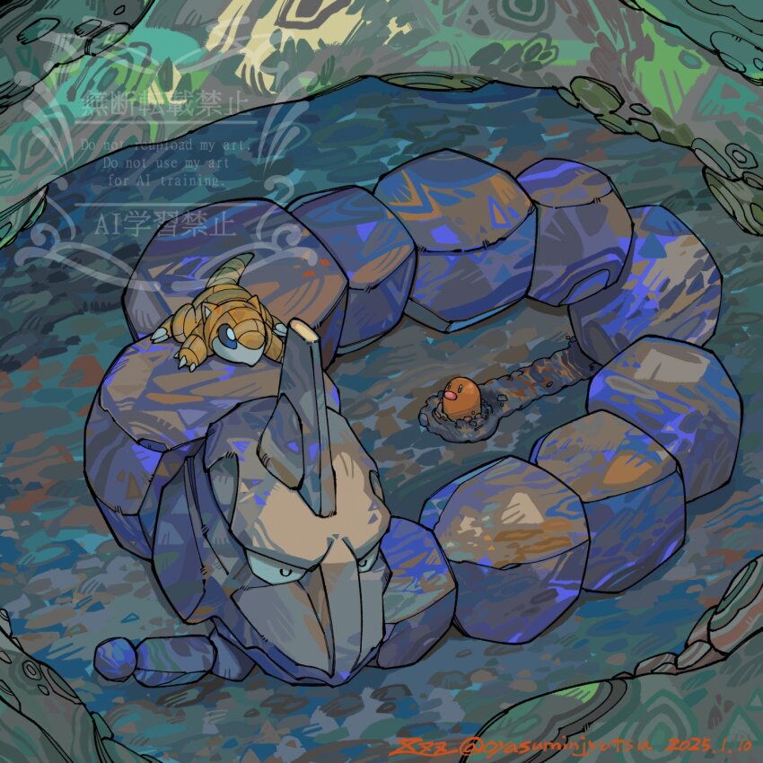 closed_eyes dated diglett game_freak gen_1_pokemon highres lying lying_on_pokemon nintendo no_humans onix oyasuminjyutsu pokemon pokemon_(creature) sandshrew signature sleeping soil twitter_username u_u watermark