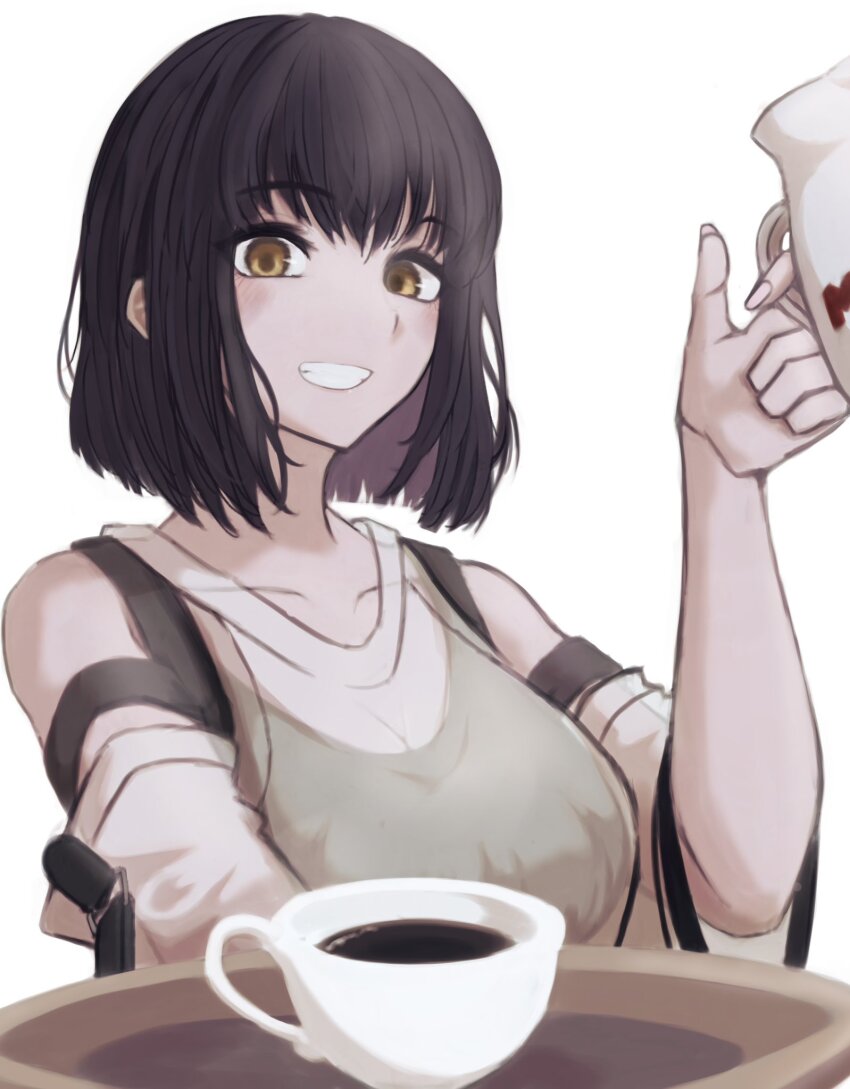1girl black_hair black_pants black_sports_bra blush breasts brown_eyes cleavage clothing_cutout collarbone eri_aki0827 fingerless_gloves gloves goddess_of_victory:_nikke grin highres holding large_breasts looking_at_viewer milk_(nikke) pants see-through_clothes see-through_cleavage see-through_shirt shirt short_hair shoulder_cutout simple_background smile solo sports_bra white_background white_shirt