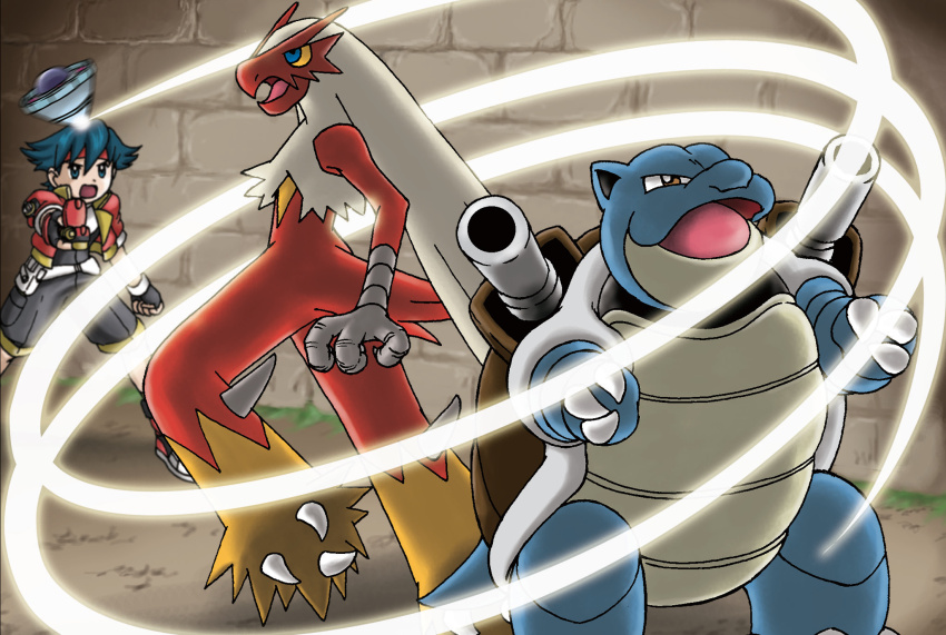 1boy artist_request blastoise blaziken blue_eyes blue_hair brick_wall brown_eyes capture_styler claws colored_sclera gen_1_pokemon gen_3_pokemon headband highres holding jacket lunick_(pokemon) motion_blur nintendo official_art open_clothes open_jacket open_mouth pokemon pokemon_(creature) pokemon_ranger_(series) pokemon_ranger_1 red_headband red_jacket short_hair shoulder_cannon third-party_source yellow_sclera