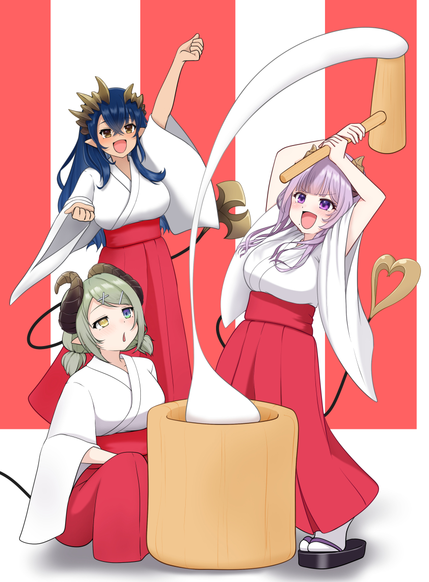 3girls absurdres alternate_costume black_footwear blue_eyes blue_hair blush breasts brown_horns cuore_0624 demon_girl demon_horns demon_tail food full_body green_hair heterochromia highres horns japanese_clothes kimono kine large_breasts long_sleeves mallet miko mochi mochitsuki mole mole_under_mouth multiple_girls nanashi_inc. okobo open_mouth platform_sandals pointy_ears purple_eyes purple_hair red_skirt saionji_mary sandals sekishiro_mico shimamura_charlotte short_hair skirt smile socks squatting standing tabi tail virtual_youtuber white_kimono white_socks wide_sleeves yellow_eyes