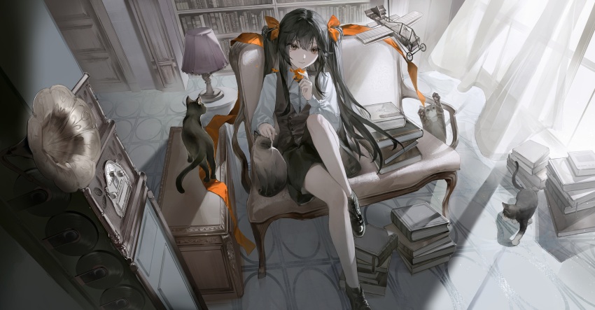 1girl absurdres black_hair black_shoes black_skirt black_vest book bookshelf cat chair closed_mouth commentary_request curtains feijiu foot_up full_body hair_between_eyes hair_ribbon hand_up highres holding indoors lamp long_hair long_sleeves looking_at_viewer mole mole_under_eye orange_ribbon original ribbon shirt shoes sitting skirt smile solo twintails very_long_hair vest white_shirt yellow_eyes