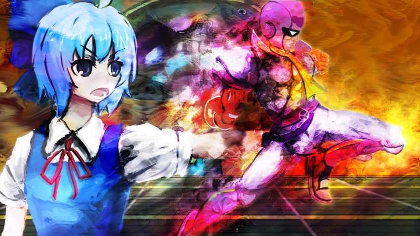 1boy 1girl alternate_color blue_eyes blue_hair bow captain_falcon cirno f-zero gloves hair_bow helmet knees nintendo perfect_cherry_blossom same_2009 scarf short_hair super_smash_bros. touhou upper_body