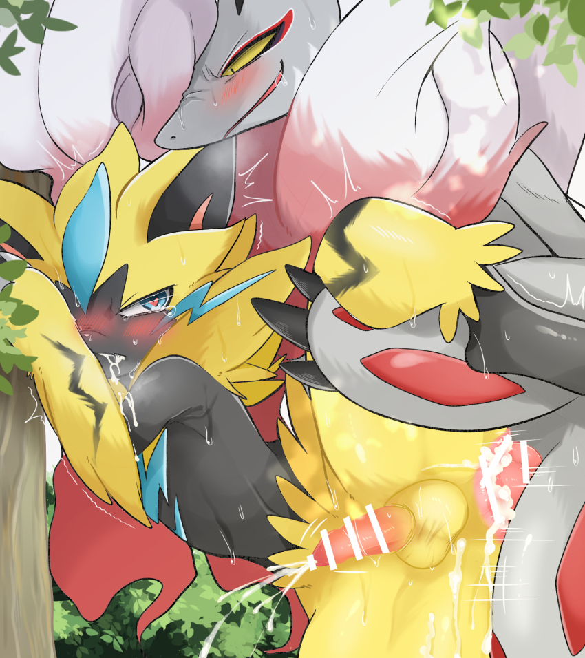2boys against_tree ajiwo anal animal_ears bar_censor blue_eyes blush censored claws colored_skin cum cum_in_ass drooling ejaculating_while_penetrated ejaculation furry furry_male furry_with_furry gen_7_pokemon grey_skin heart heart-shaped_pupils highres hisuian_zoroark leg_grab legendary_pokemon male_focus multiple_boys mythical_pokemon nintendo outdoors penis pokemon pokemon_(creature) sex sex_from_behind spread_legs standing standing_sex sweat symbol-shaped_pupils testicles tree trembling yaoi yellow_eyes yellow_fur zeraora
