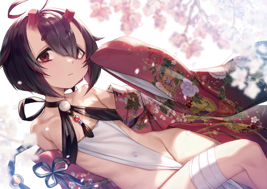 1girl absurdres ahoge bandaged_leg bandages bare_shoulders black_hair blunt_ends bob_cut closed_mouth colored_inner_hair commentary_request commission dancho_(dancyo) dutch_angle expressionless flat_chest floral_print floral_print_kimono groin hair_between_eyes hair_flaps highres horns indie_virtual_youtuber japanese_clothes kimono long_bangs looking_at_viewer mixed-language_commentary multicolored_hair off_shoulder oni open_clothes open_kimono original print_kimono red_eyes red_hair red_kimono revealing_clothes short_hair skeb_commission skin-covered_horns sleeves_past_fingers sleeves_past_wrists small_horns solo tareme thick_eyebrows two-tone_hair virtual_youtuber wide_sleeves