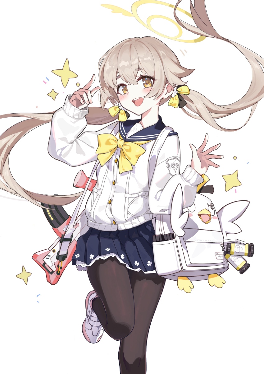 1girl absurdres assault_rifle black_pantyhose blue_archive blue_skirt blush brown_hair bullpup commentary_request foot_out_of_frame gun halo hands_up hifumi_(blue_archive) highres l85 long_hair long_sleeves looking_at_viewer low_twintails open_mouth pantyhose pleated_skirt rifle shirt shoes simple_background skirt smile solo standing standing_on_one_leg twintails weapon white_background white_bag white_shirt white_shoes yellow_halo yi_inm