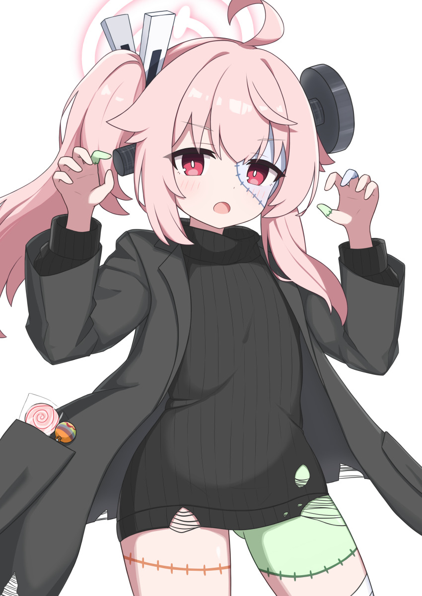 absurdres ahoge black_jacket black_sweater blue_archive bolt_(hardware) candy claw_pose commentary cosplay cowboy_shot food frankenstein&#039;s_monster frankenstein&#039;s_monster_(cosplay) halloween halloween_costume halo highres jacket lollipop long_hair looking_at_viewer natsu_(blue_archive) open_clothes open_jacket pink_hair pink_halo red_eyes side_ponytail simple_background sweater white_background zddma20
