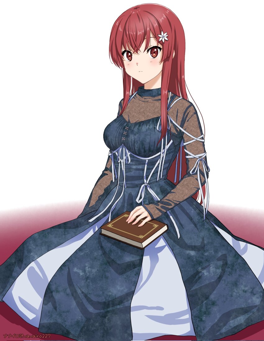 1girl 22/7 artist_name ato_de_wakaru_koto book dress highres holding holding_book looking_at_viewer nanairo_(nanairo227) red_eyes red_hair sato_reika see-through_clothes see-through_sleeves sitting solo white_background