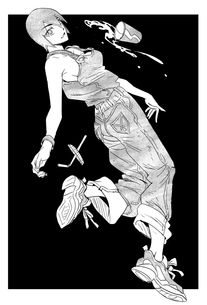 1girl breasts cup disposable_cup drinking_straw foo_fighters_(jojo) from_side full_body greyscale highres jeonjin_(mynamebazin) jojo_no_kimyou_na_bouken looking_at_viewer medium_breasts monochrome overalls shoes short_hair sideboob sneakers solo stone_ocean strap_gap wristband