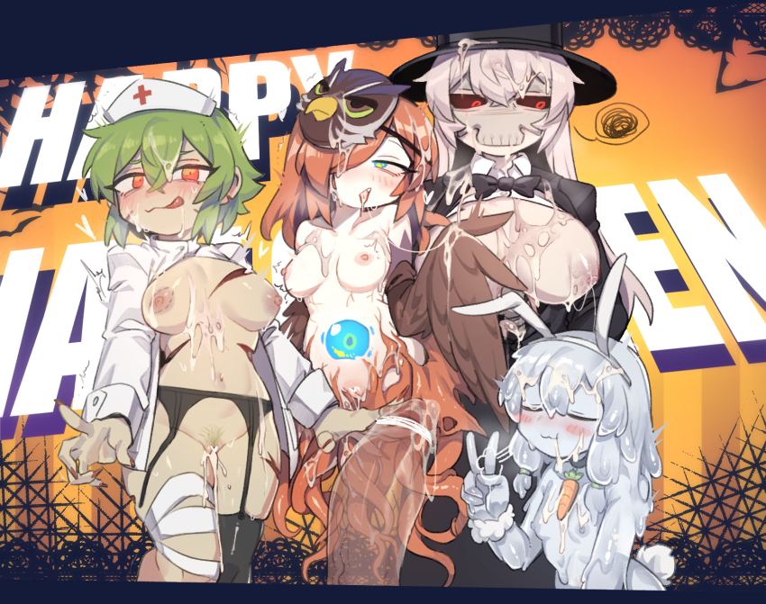 1boy 4girls :3 animal_ears bandaged_leg bandages bird_mask bird_wings bite_mark bite_mark_on_breast black_bow black_bowtie black_coat black_hat black_sclera black_thighhighs blue_eyes blush bowtie breasts breasts_apart carrot censored choker closed_eyes closed_mouth coat collarbone colored_nipples colored_sclera colored_skin cum cum_in_mouth cum_in_pussy cum_on_body cum_on_breasts cum_on_upper_body demon_eye_(terraria) english_text facial fake_animal_ears feathered_wings female_pubic_hair fingernails garter_belt green_hair grey_hair grey_skin hair_between_eyes hair_over_one_eye half-closed_eyes halloween halloween_costume hat heart heart_censor highres licking_lips long_hair looking_at_viewer mask mask_on_head monster_girl multiple_girls navel nipples nurse_cap nyong_nyong open_clothes open_coat open_shirt orange_eyes penis personification pubic_hair pussy rabbit_ears rabbit_tail red_eyes red_hair scar scylla sharp_fingernails shirt short_hair single_thighhigh skeleton_(terraria) slime_(terraria) slime_girl small_breasts smile tentacles terraria thighhighs tongue tongue_out top_hat v white_coat white_hair white_shirt wings zombie_(terraria) zombie_girl