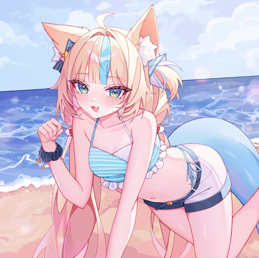 1girl absurdres ahoge anchor_ornament animal_ear_fluff animal_ears beach blonde_hair blue_bow blue_hair bow cat_ears cat_girl cloud cloudy_sky collarbone commentary fang fins fish_tail hair_bow highres indie_virtual_youtuber long_hair multicolored_hair navel ocean open_mouth rinne_(rinne_oi) sameko_saba sameko_saba_(1st_costume) scrunchie shorts skin_fang sky solo streaked_hair striped_bow symbol-only_commentary tail virtual_youtuber white_shorts wrist_scrunchie