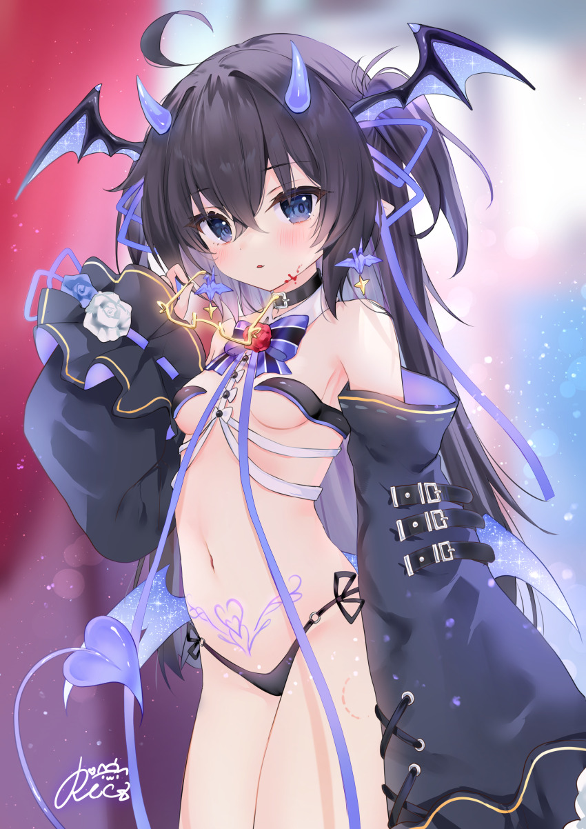 1girl absurdres ahoge bare_shoulders black_hair black_panties blue_eyes blue_horns blush breasts commentary_request commission demon_girl demon_tail demon_wings detached_sleeves earrings hair_between_eyes hair_ribbon hand_up head_wings highres horns jewelry long_hair long_sleeves looking_at_viewer navel original panties parted_lips pubic_tattoo purple_ribbon revealing_clothes ribbon rucaco skeb_commission sleeves_past_wrists small_breasts solo stomach_tattoo tail tattoo underwear wings
