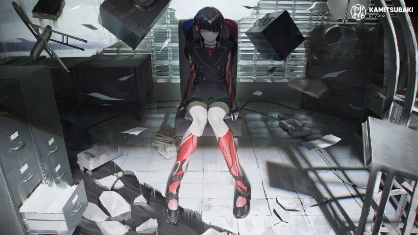 1girl absurdres black_brooch black_footwear black_gloves black_hair black_vest blue_hair blue_nails cabinet cable chair commentary_request copyright_name earrings file_cabinet fingerless_gloves floating floating_object gloves harusaruhi headphones highres indoors jewelry kamitsubaki_studio kneehighs lamp long_hair long_sleeves looking_at_viewer multicolored_hair nail_polish necklace red_hair red_nails red_socks sidelocks sitting sleeves_past_wrists socks solo streaked_hair tmt twintails vest virtual_youtuber yellow_eyes