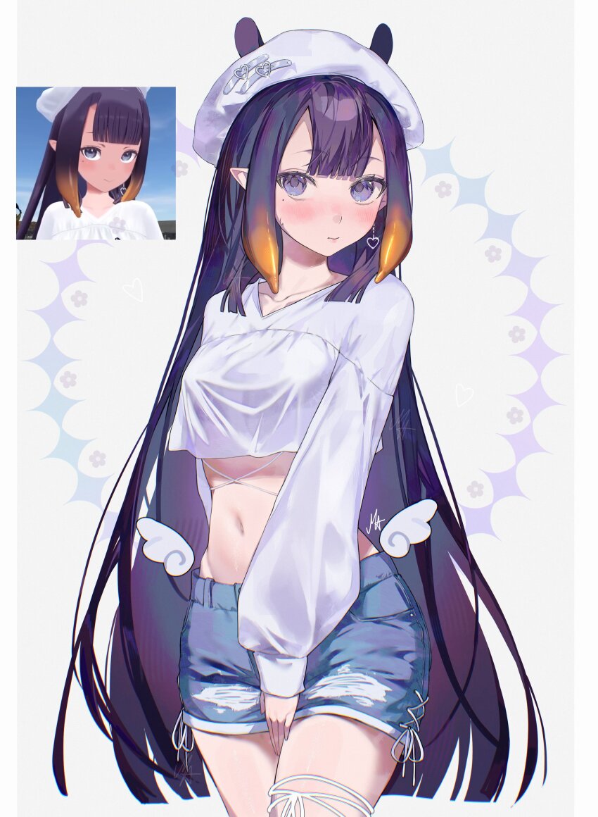 1girl absurdres ani_019 beret blue_eyes blue_shorts blunt_bangs blush breasts center-flap_bangs commentary cowboy_shot cropped_shirt earrings english_commentary gradient_hair hat heart heart_earrings highres hololive hololive_english jewelry long_hair long_sleeves looking_at_viewer medium_breasts midriff multicolored_hair navel ninomae_ina&#039;nis official_alternate_costume orange_hair pointy_ears puffy_long_sleeves puffy_sleeves purple_hair screenshot_inset shirt short_shorts shorts sidelocks sleeves_past_wrists solo straight_hair tentacle_hair torn_clothes torn_shorts v-neck very_long_hair virtual_youtuber white_hat white_shirt