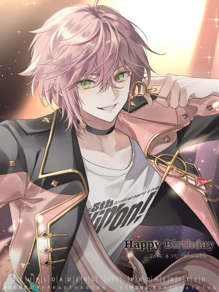 1boy absurdres black_choker choker dated green_eyes hair_between_eyes happy_birthday highres holostars holostars_idol_uniform_(movin_on) jacket luma8b male_focus multicolored_jacket open_clothes open_jacket pink_hair rikka_(holostars) shirt short_hair smile solo sparkle teeth twitter_username two-tone_jacket upper_body white_shirt