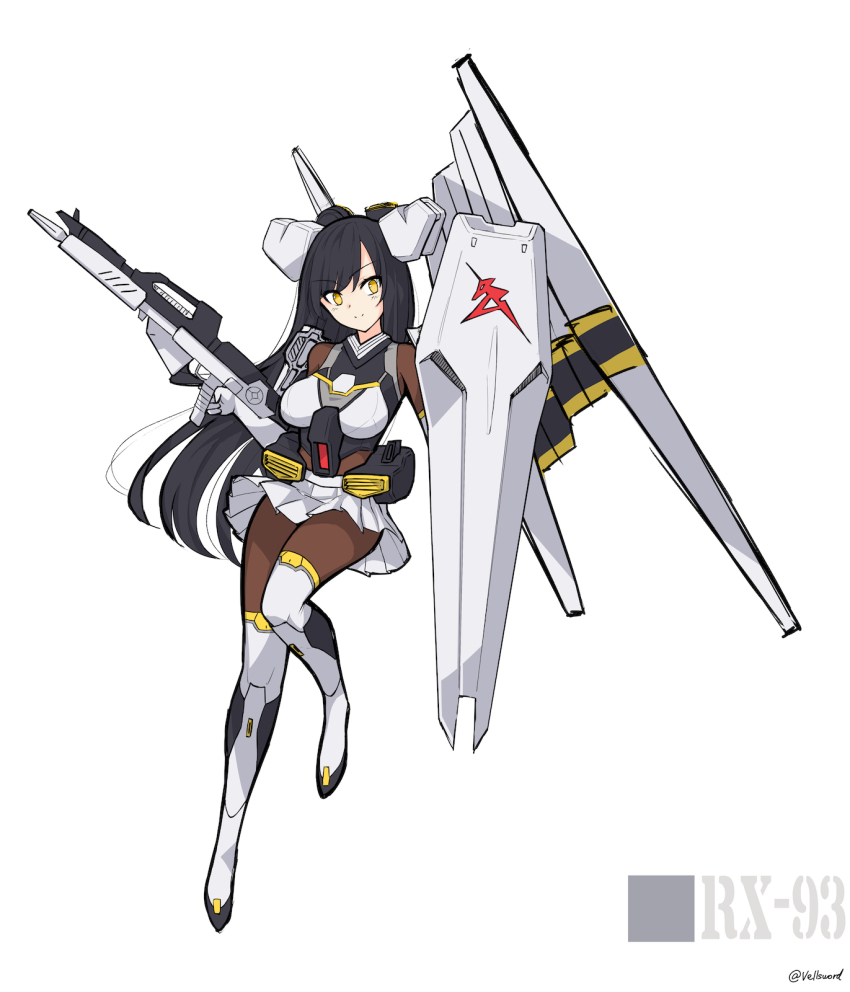 1girl black_hair boots char&#039;s_counterattack fin_funnels floating_hair funnels_(gundam) gun gundam highres holding holding_gun holding_shield holding_weapon i.takashi insignia long_hair nu_gundam pantyhose personification shield skirt smile solo thigh_boots thighhighs very_long_hair weapon white_background white_boots white_skirt yellow_eyes zettai_ryouiki