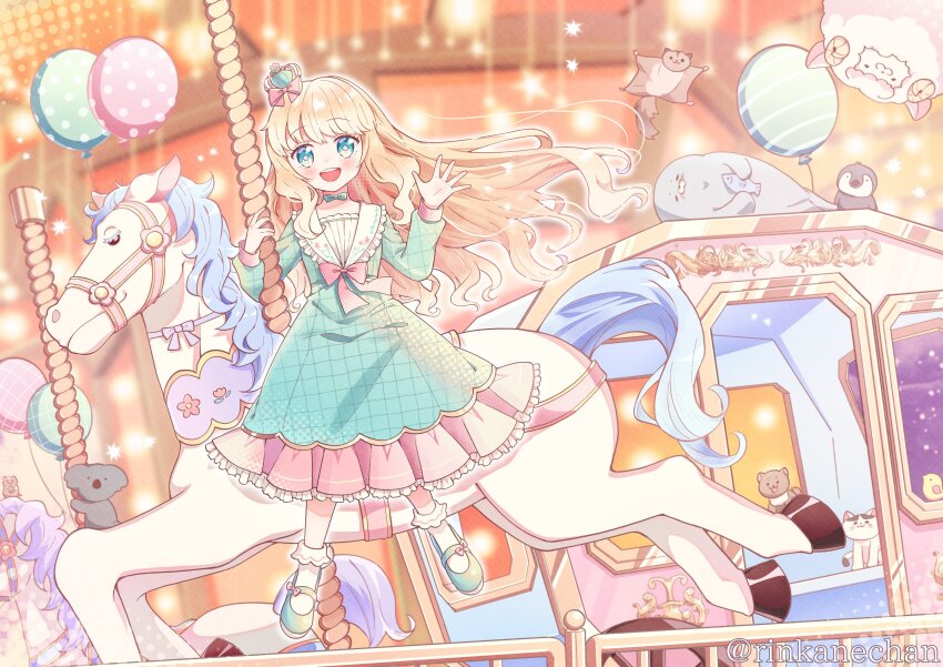 1girl absurdres animal balloon bird blonde_hair blue_eyes blunt_bangs blurry blurry_background blush bow carousel cat crown dog dress flying_squirrel frilled_dress frilled_socks frills full_body green_dress green_shoes hand_up highres holding koala long_dress long_hair long_sleeves mini_crown open_mouth original penguin pink_bow rinkanechan seal_(animal) sheep shoes sitting socks solo squirrel very_long_hair waving white_socks