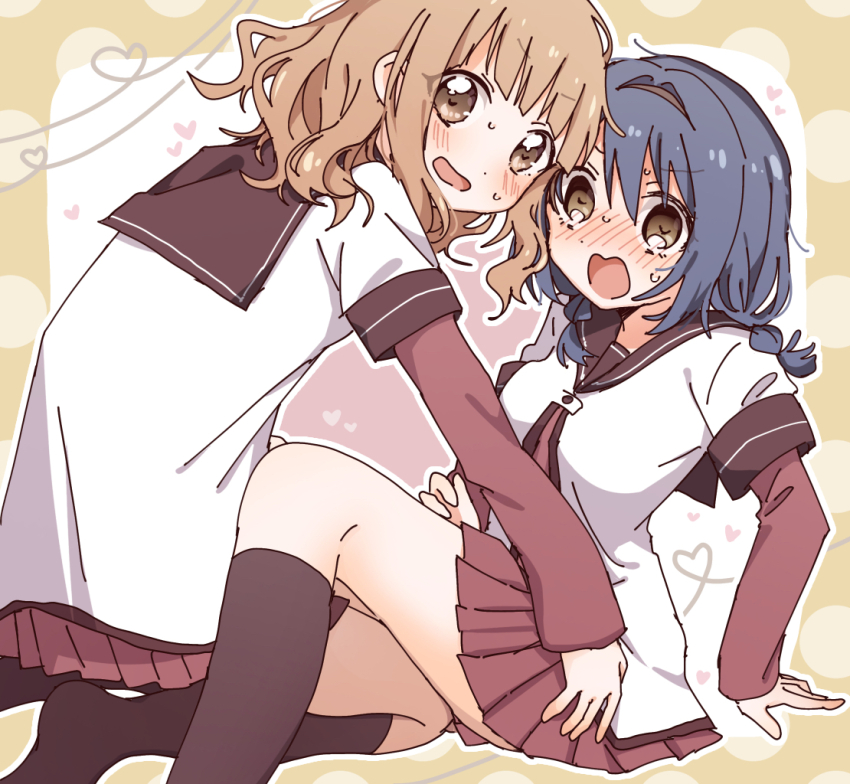 2girls between_legs black_hairband blonde_hair blue_hair blush braid breasts brown_sailor_collar brown_socks buttons dress embarrassed furutani_himawari girl_on_top hair_ornament hairband hairclip heart kneeling large_breasts layered_sleeves long_sleeves looking_at_viewer low_twintails medium_hair migimiya_yoru multiple_girls nanamori_school_uniform oomuro_sakurako open_mouth pleated_dress red_dress sailor_collar sailor_shirt school_uniform shirt short_dress short_over_long_sleeves short_sleeves simple_background sitting small_sweatdrop smile socks twin_braids twintails white_shirt yellow_eyes yuri yuru_yuri