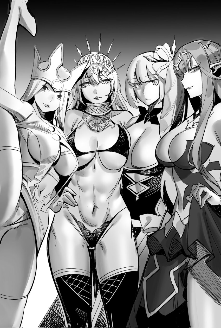 4girls abs bare_shoulders bikini black_dress black_hair breasts bridal_gauntlets character_request cleavage dark-skinned_female dark_skin detached_sleeves dress dress_of_heaven fate/apocrypha fate/grand_order fate_(series) highres irisviel_von_einzbern irisviel_von_einzbern_(caster) jewelry large_breasts long_hair marie_antoinette_alter_(fate) marie_antoinette_(fate) monochrome multiple_girls muscular muscular_female pointy_ears semiramis_(fate) split standing standing_on_one_leg standing_split swimsuit very_long_hair wtlong_han zenobia_(fate)