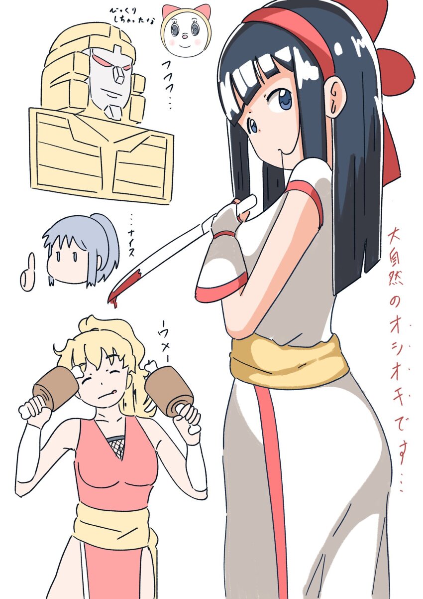 3girls ainu_clothes ass blonde_hair blue_hair breasts capcom capcom_vs_snk closed_eyes final_fight final_fight_2 food genryuusai_maki hair_ribbon highres holding holding_food japanese_clothes japanese_text large_breasts legs leona_heidern long_hair looking_at_viewer looking_back meat medium_breasts multiple_girls nakoruru pants ponytail ribbon samurai_spirits sideboob smile snk standing the_king_of_fighters thighs tongue tongue_out weapon