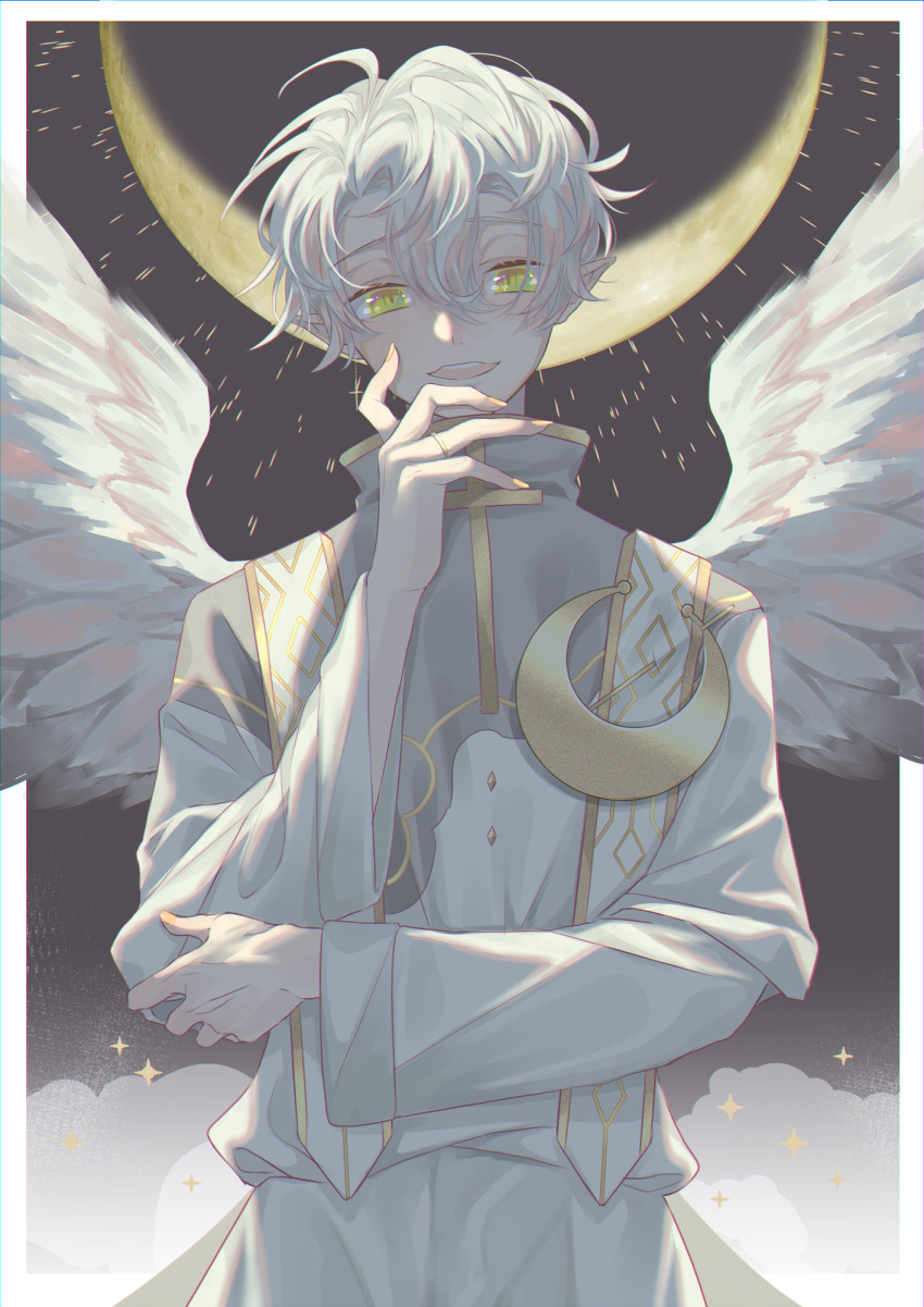 1boy angel_wings cowboy_shot cross cross_earrings double-parted_bangs earrings green_eyes hair_between_eyes hand_on_own_face highres jewelry looking_at_viewer male_focus moon open_mouth original purimo_(xxxmofmof) ring robe short_hair slit_pupils smile solo white_hair white_robe wings yellow_nails