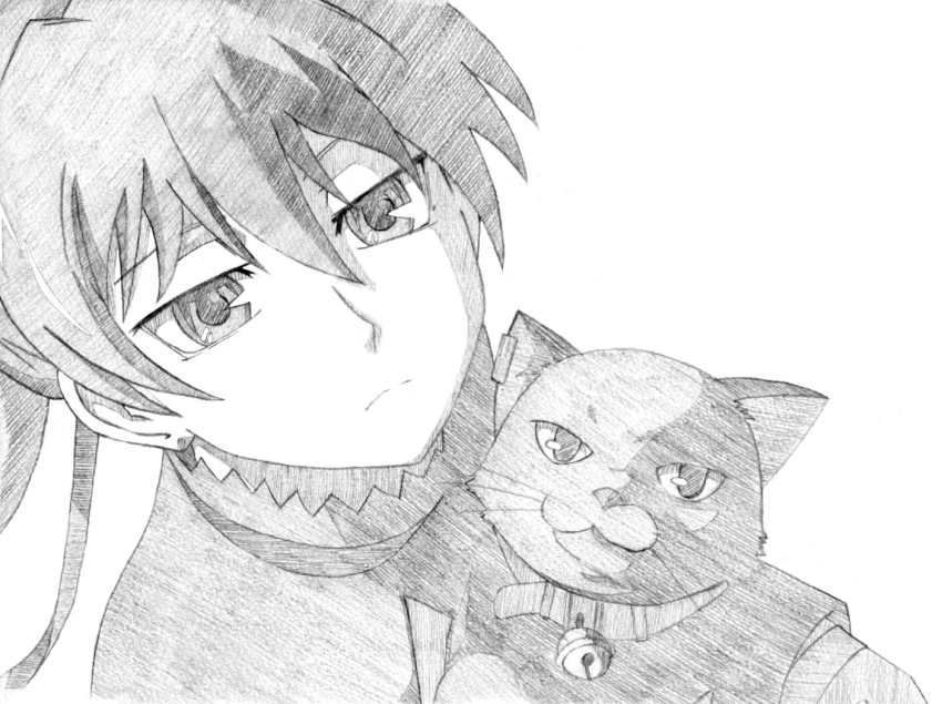bad_id bad_pixiv_id bell black_cat cat charcoal_(medium) collar darker_than_black greyscale mao_(darker_than_black) monochrome neck_bell portrait ryuuryuu solo traditional_media yin_(darker_than_black)