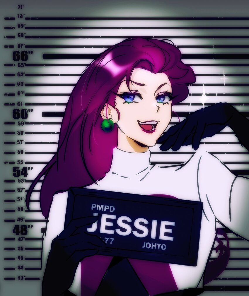 1girl barbie_(franchise) barbie_(live_action) barbie_mugshot_(meme) blue_eyes deitycyla happy highres jessie_(pokemon) meme nintendo open_mouth pokemon pokemon_(anime) prison prisoner red_hair smile team_rocket