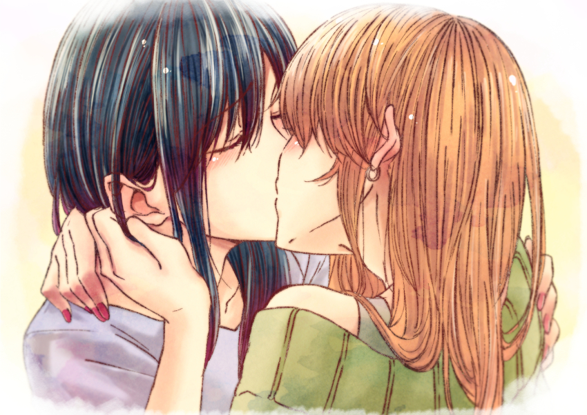 2girls aihara_mei aihara_yuzu bad_id bad_pixiv_id black_hair blonde_hair blush citrus_(saburouta) closed_eyes couple ear_blush earrings french_kiss glidesloe highres jewelry kiss long_hair looking_at_another multiple_girls shirt siblings simple_background sisters step-siblings wife_and_wife yuri