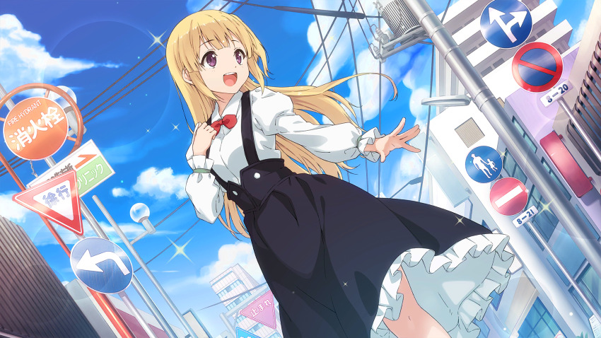1girl 22/7 22/7_ongaku_no_jikan bakemonogatari black_skirt blonde_hair blue_sky bow bowtie building cloud collared_shirt cosplay cowboy_shot dutch_angle frilled_skirt frills from_below fujima_sakura game_cg hachikuji_mayoi hachikuji_mayoi_(cosplay) hair_rings hand_on_own_chest highres lens_flare long_hair long_sleeves looking_to_the_side monogatari_(series) no_entry_sign no_parking_sign non-web_source official_art open_mouth pedestrians_only_sign power_lines purple_eyes red_bow red_bowtie road_sign shirt sign single_hair_ring skirt sky smile solo sparkle straight_or_right_turn_sign suspender_skirt suspenders teeth turn_left_sign upper_teeth_only utility_pole white_shirt