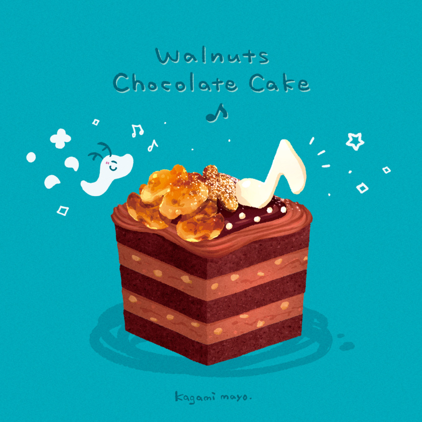 artist_name blue_background cake cake_slice chocolate_cake food food_focus food_name highres kagami_mayo musical_note no_humans nut_(food) original walnut