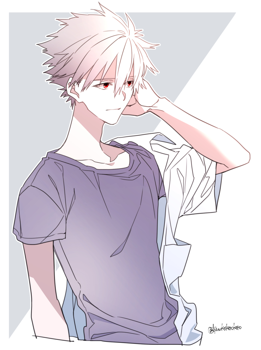 1boy arm_up breast_pocket closed_mouth collared_shirt commentary_request cropped_torso hair_between_eyes hand_on_own_face highres looking_ahead male_focus mushi_kei nagisa_kaworu neon_genesis_evangelion pocket purple_shirt red_eyes shirt shirt_partially_removed short_hair short_sleeves solo t-shirt twitter_username white_hair wing_collar