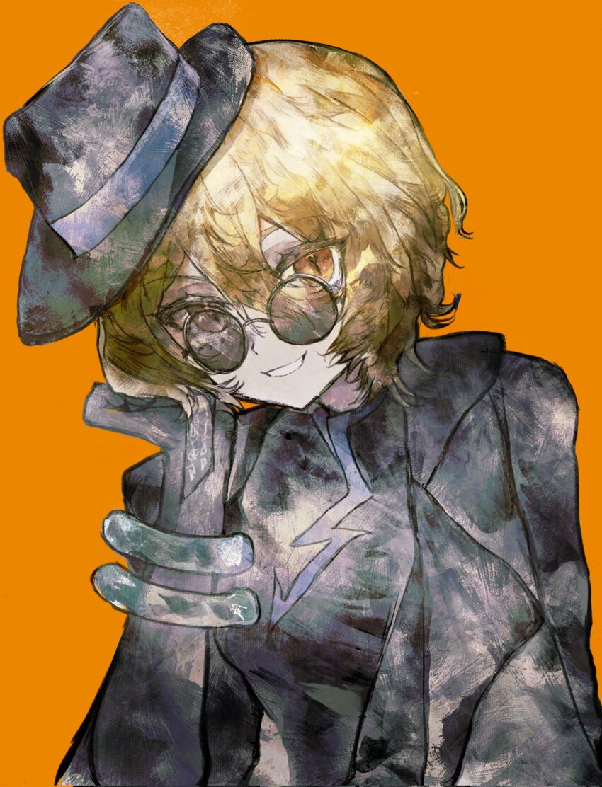 1girl black_coat black_dress black_hat blonde_hair bracelet china_dress chinese_clothes coat coat_on_shoulders don_quixote_(project_moon) dress cinq_east_(identity)_(project_moon) gloves gq40415378 hat highres jade_bracelet jewelry limbus_company long_sleeves looking_at_viewer parted_lips partially_opaque_sunglasses project_moon round_eyewear shirt short_hair simple_background smile solo sunglasses tilted_headwear tilted_headwear yellow_eyes