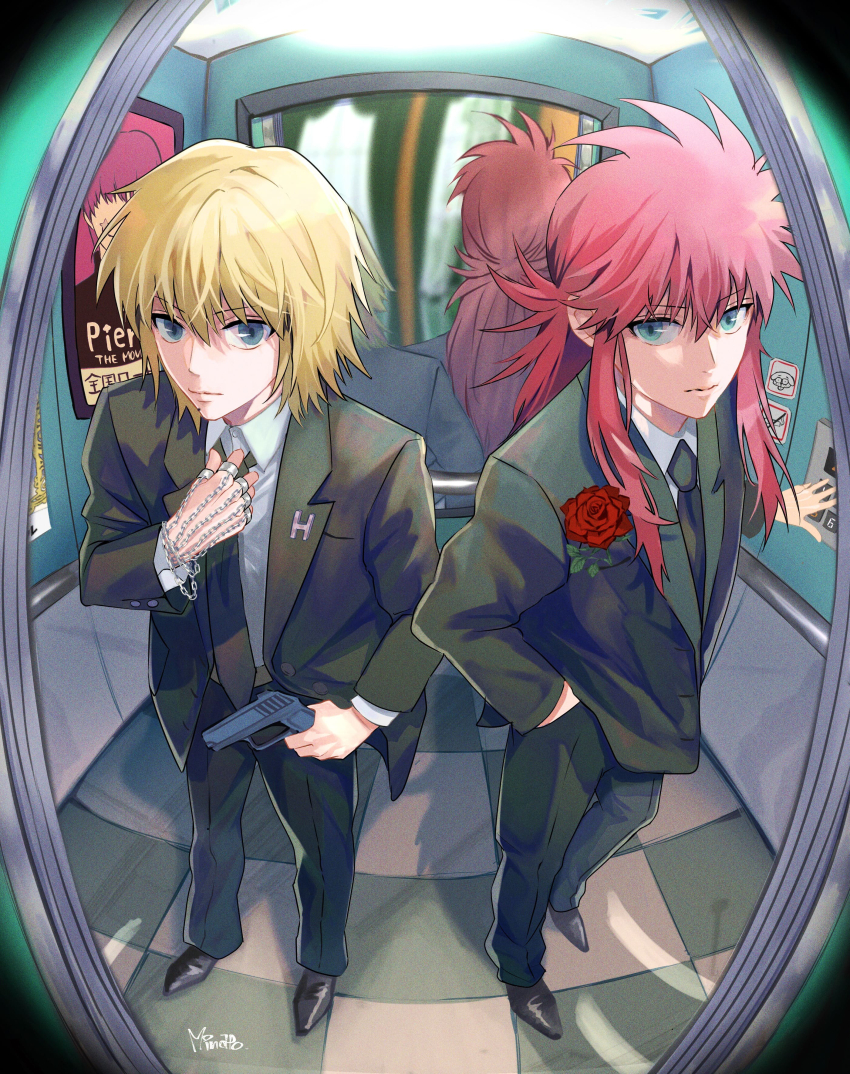2boys absurdres adjusting_clothes adjusting_necktie black_footwear black_jacket black_necktie black_pants blonde_hair blue_eyes chain closed_mouth collared_shirt creator_connection elevator fisheye flower formal_clothes from_above from_outside full_body gun hair_between_eyes hand_up highres hisoka_morow holding holding_gun holding_weapon hunter_x_hunter jacket jewelry kurama_(yu_yu_hakusho) kurapika long_hair long_sleeves looking_at_viewer male_focus minato_x3710 mirror multiple_boys multiple_rings necktie open_door pants ponytail poster_(object) red_flower red_hair red_rose reflection ring rose shirt shoes short_hair side-by-side sidelocks signature standing suit tile_floor tiles togashi_yoshihiro_(character) weapon white_shirt yuu_yuu_hakusho