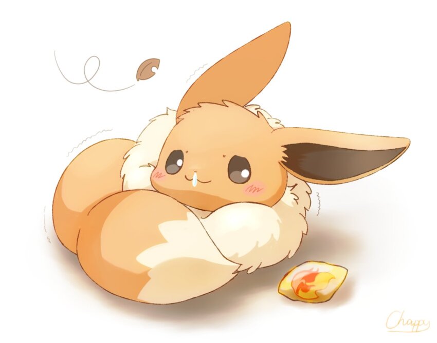 animal_focus blush bright_pupils brown_eyes closed_mouth eevee evolution_stone evolutionary_stone fire_stone game_freak gen_1_pokemon leaf mimix nintendo no_humans pokemon pokemon_(creature) shadow smile snot solo tail white_background white_pupils