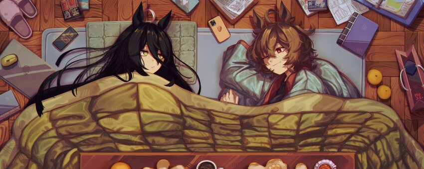 2girls ;) absurdres agnes_tachyon_(umamusume) ahoge animal_ears black_hair brown_hair cellphone computer computer_mouse cup food fruit hair_between_eyes highres horse_ears horse_girl kotatsu laptop long_hair looking_at_another lying mandarin_orange manhattan_cafe_(umamusume) messy_hair mujintou_png multiple_girls on_back one_eye_closed phone red_eyes short_hair smartphone smile table teacup umamusume under_table white_hair wooden_floor yellow_eyes