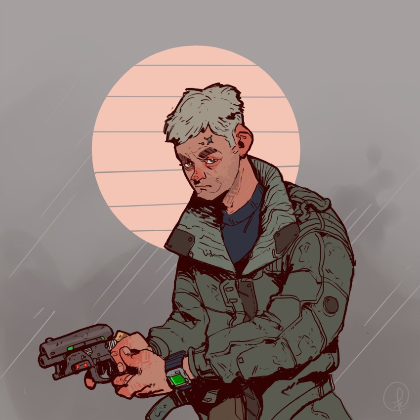 1boy blade_runner_(series) blade_runner_(1982_movie) circle closed_mouth coat collar cyberpunk fernando_correa future grey_background grey_coat grey_eyes grey_hair gun handgun highres holding holding_gun holding_weapon long_sleeves looking_at_viewer male_focus pistol revolver rick_deckard science_fiction simple_background thick_eyebrows upper_body watch weapon wristwatch