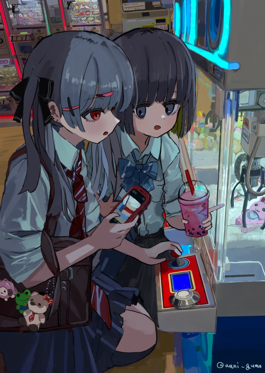 2girls absurdres arcade black_ribbon blue_skirt bow bubble_tea collared_shirt commentary_request crane_game cup disposable_cup drinking_straw grey_eyes grey_hair hair_bow highres indoors multiple_girls necktie original pleated_skirt red_eyes red_necktie ribbon school_uniform shirt short_hair skirt slice_of_life twintails wanigumo white_shirt
